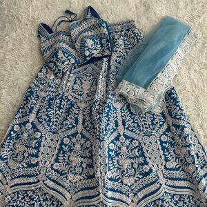 Blue and White Embroidered Lehenga with Dupatta